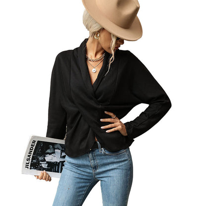 Ribbed Pullover Top with Twist Front and V-Neck