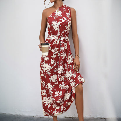 Floral Print A-Line Midi Dress with One-Shoulder and Tie-Waist