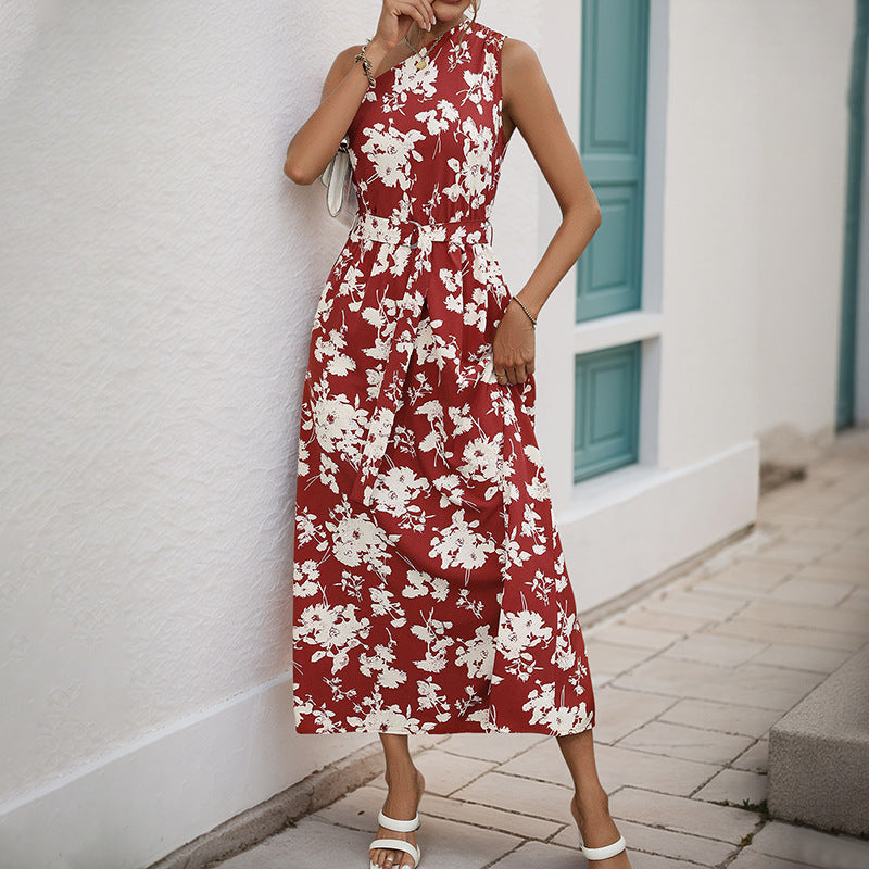 Floral Print A-Line Midi Dress with One-Shoulder and Tie-Waist