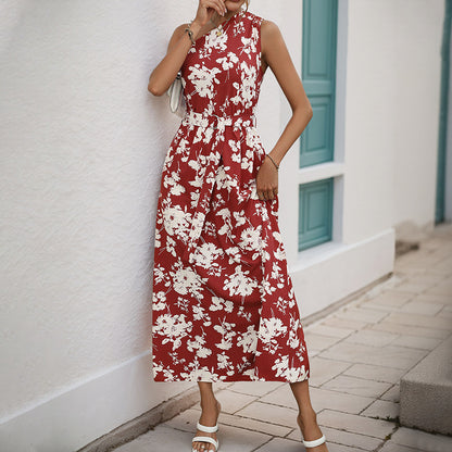 Floral Print A-Line Midi Dress with One-Shoulder and Tie-Waist