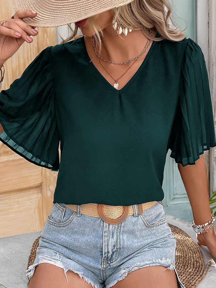 Solid V-Neck Blouse with Pleated Puff Sleeves
