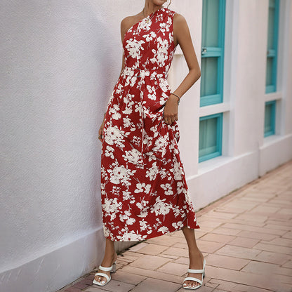 Floral Print A-Line Midi Dress with One-Shoulder and Tie-Waist