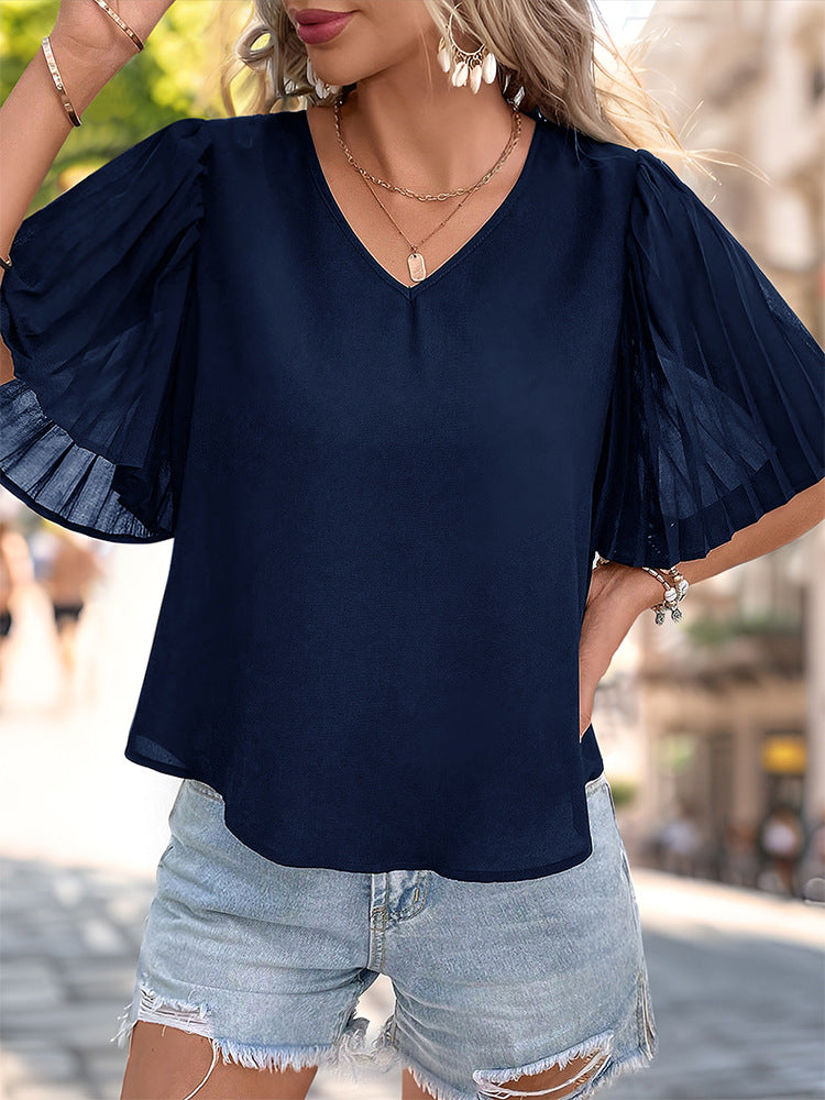 Solid V-Neck Blouse with Pleated Puff Sleeves