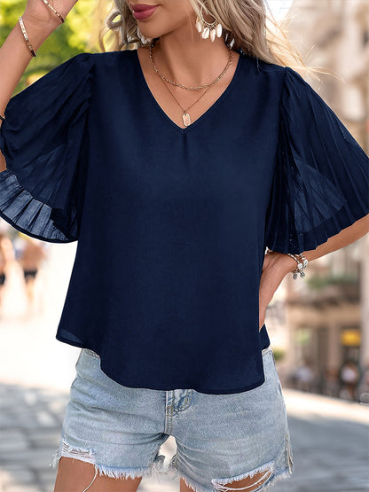 Solid V-Neck Blouse with Pleated Puff Sleeves