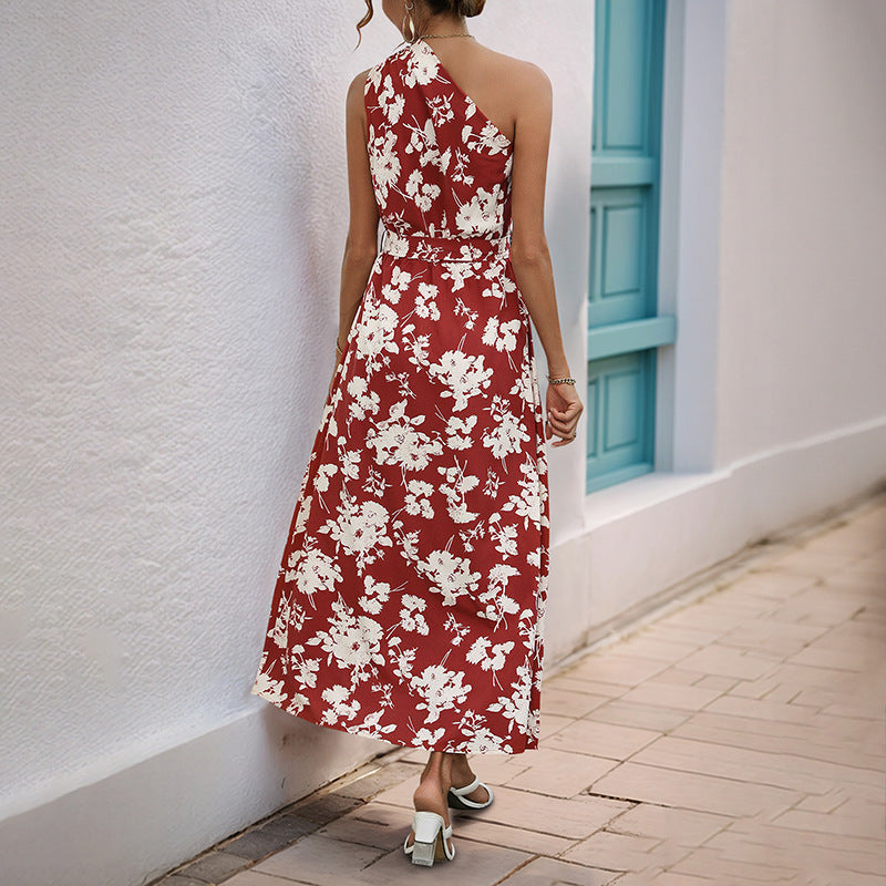 Floral Print A-Line Midi Dress with One-Shoulder and Tie-Waist