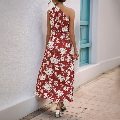 Floral Print A-Line Midi Dress with One-Shoulder and Tie-Waist