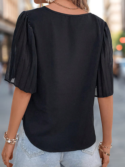 Solid V-Neck Blouse with Pleated Puff Sleeves