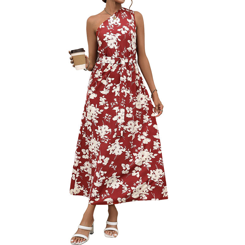 Floral Print A-Line Midi Dress with One-Shoulder and Tie-Waist
