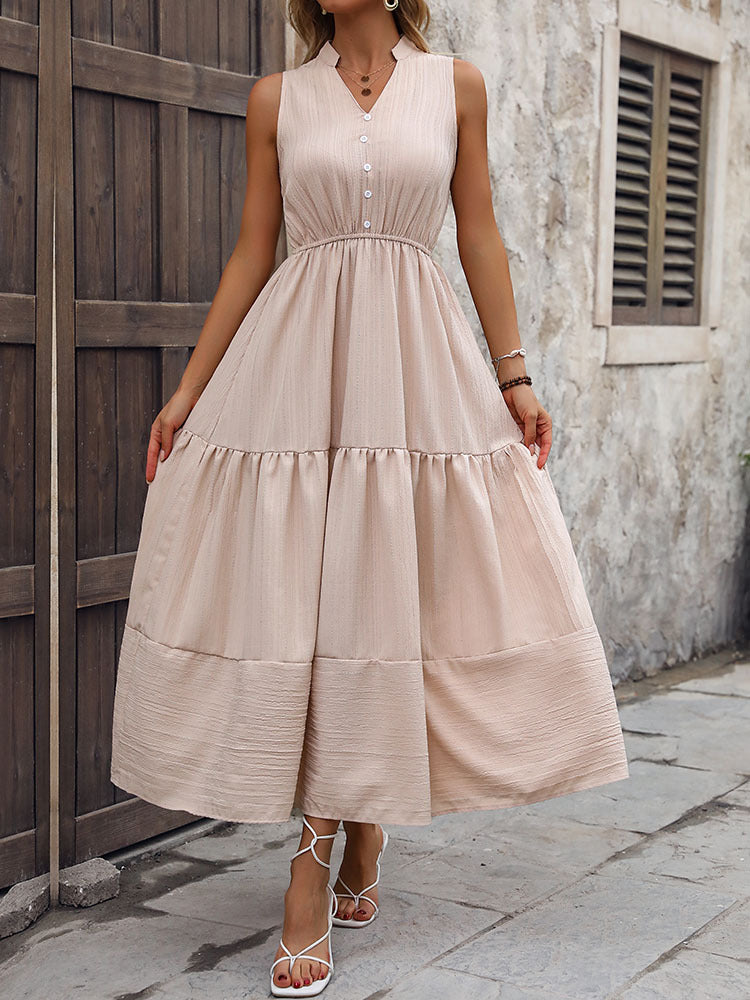 Solid A-Line Midi Dress with Button-Front and Tiered Skirt
