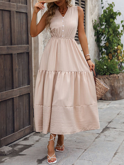 Solid A-Line Midi Dress with Button-Front and Tiered Skirt