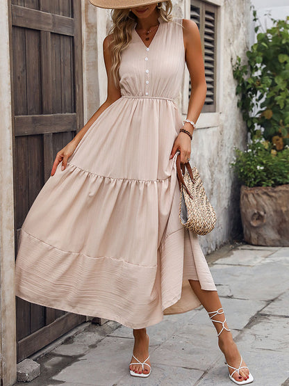 Solid A-Line Midi Dress with Button-Front and Tiered Skirt