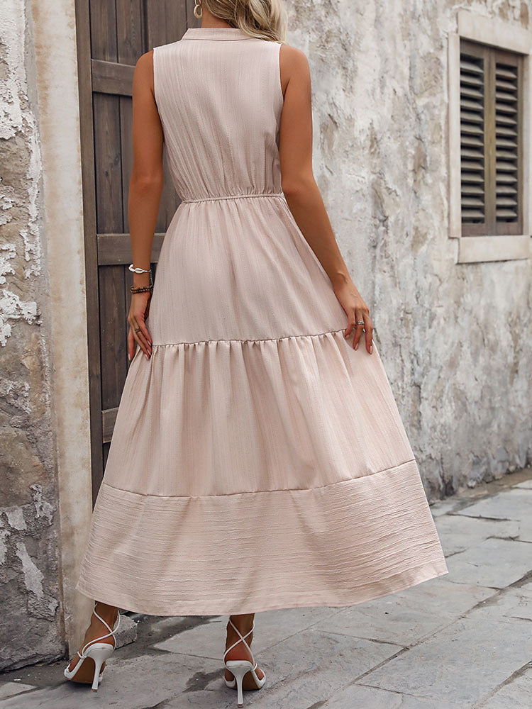 Solid A-Line Midi Dress with Button-Front and Tiered Skirt