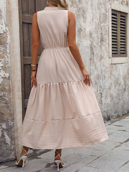 Solid A-Line Midi Dress with Button-Front and Tiered Skirt