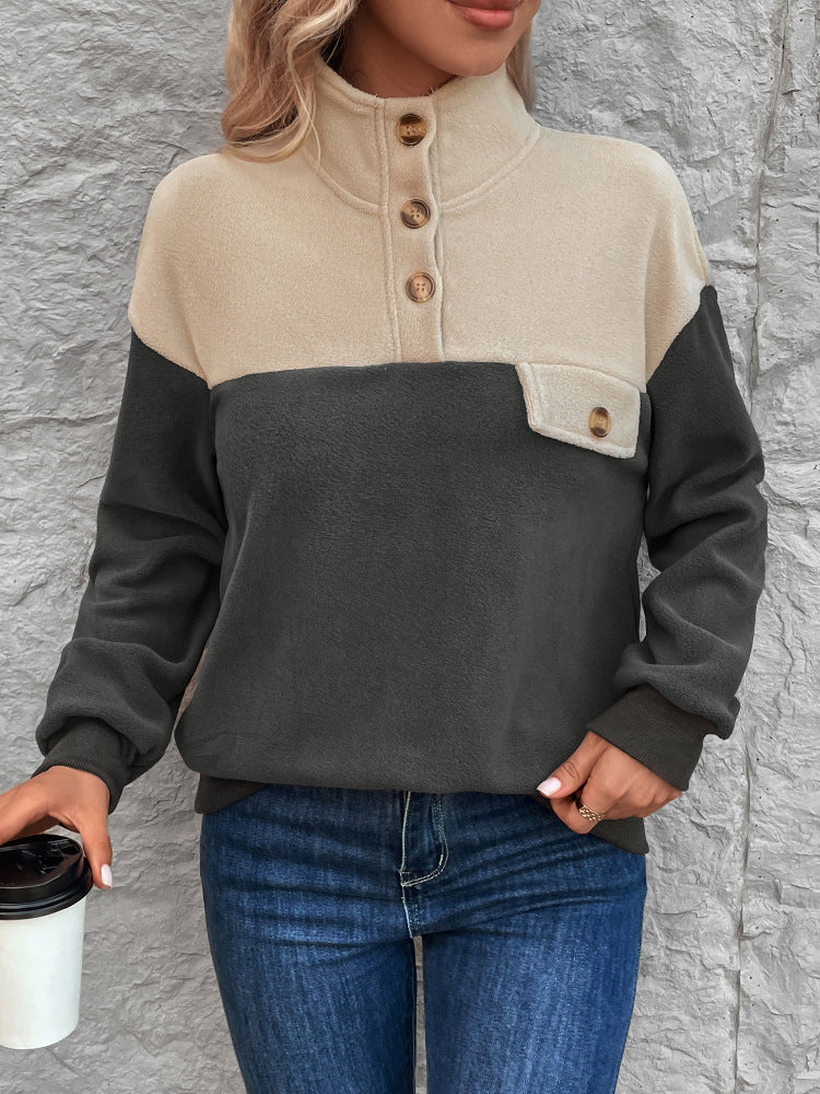 Color Block Fleece Pullover with Half-Button Placket and Stand Collar