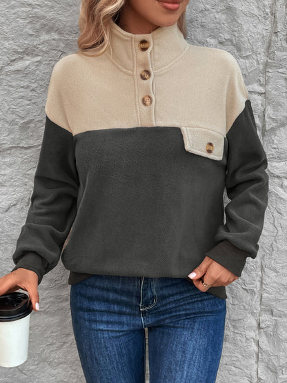 Color Block Fleece Pullover with Half-Button Placket and Stand Collar