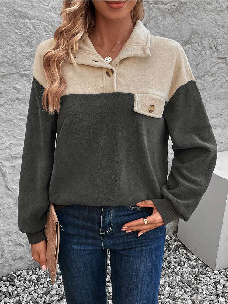 Color Block Fleece Pullover with Half-Button Placket and Stand Collar