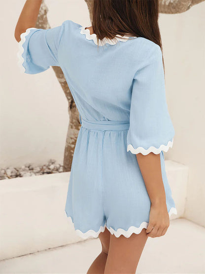 Cotton Linen Romper with Scalloped Trim and Tie-Waist