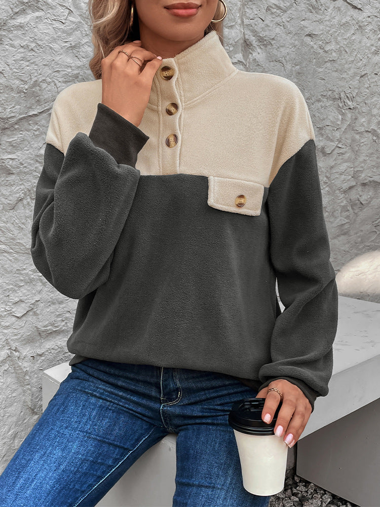 Color Block Fleece Pullover with Half-Button Placket and Stand Collar