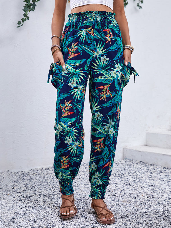 Tropical Print Cargo Pants with Shirred Waist