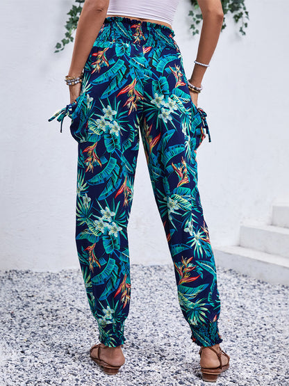Tropical Print Cargo Pants with Shirred Waist