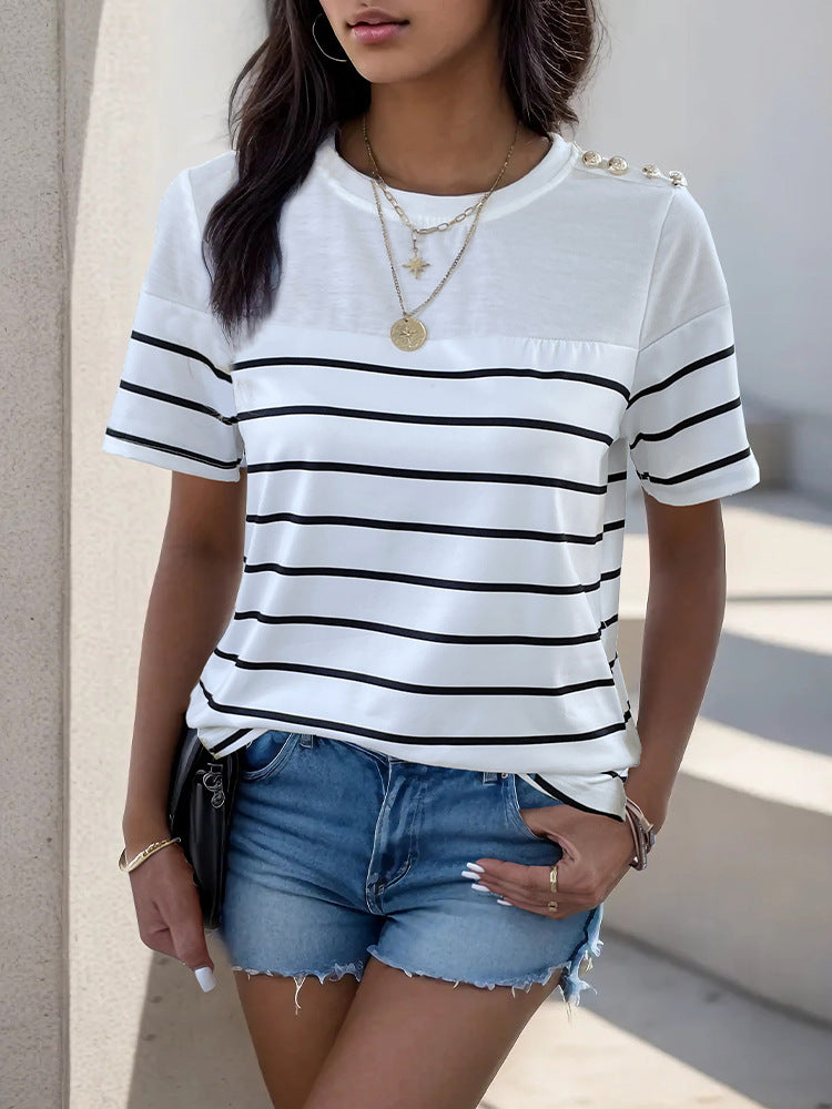 Loose Striped T-Shirt with Shoulder Buttons