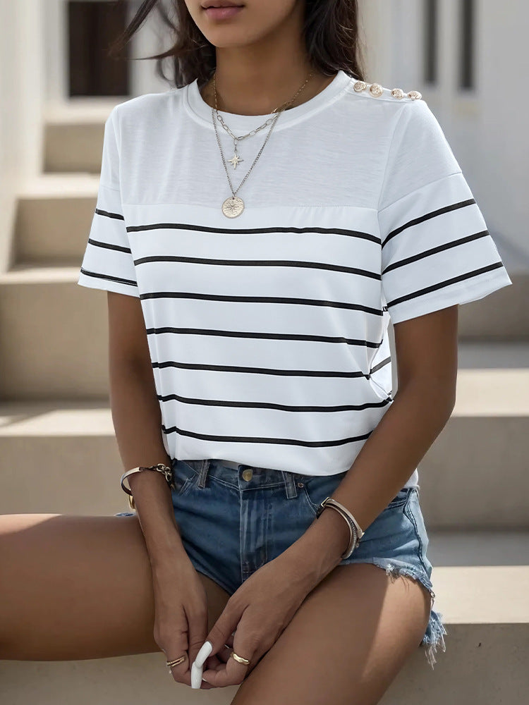 Loose Striped T-Shirt with Shoulder Buttons