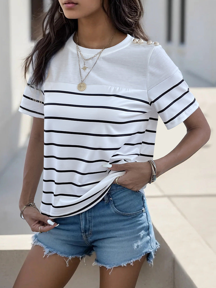 Loose Striped T-Shirt with Shoulder Buttons