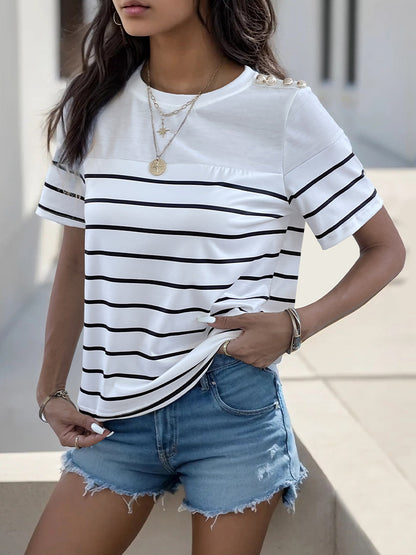 Loose Striped T-Shirt with Shoulder Buttons