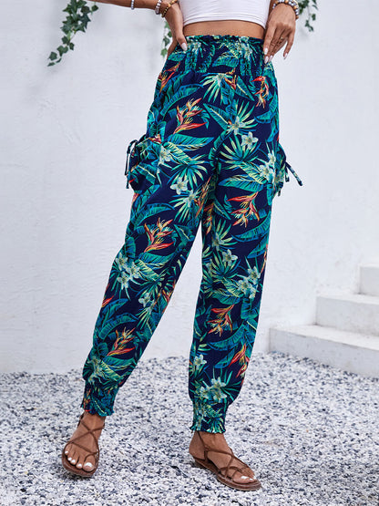 Tropical Print Cargo Pants with Shirred Waist