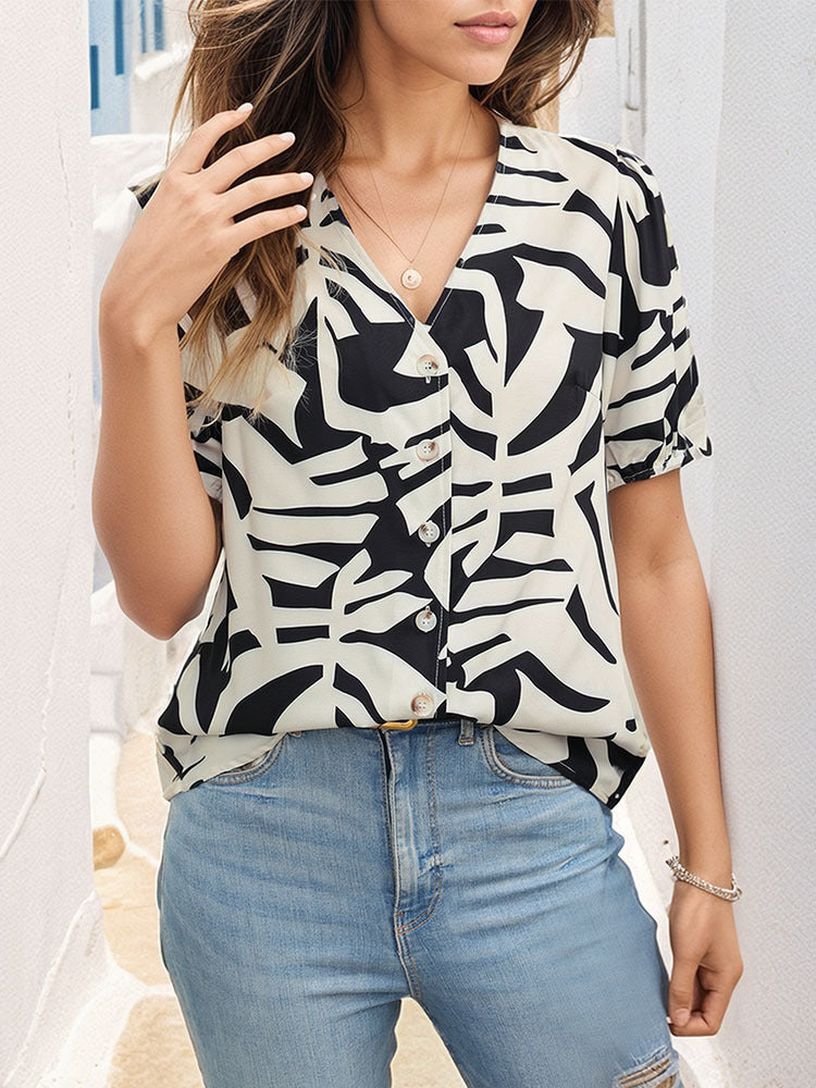 Abstract Print Button-Front Blouse with V-Neck