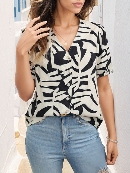 Abstract Print Button-Front Blouse with V-Neck