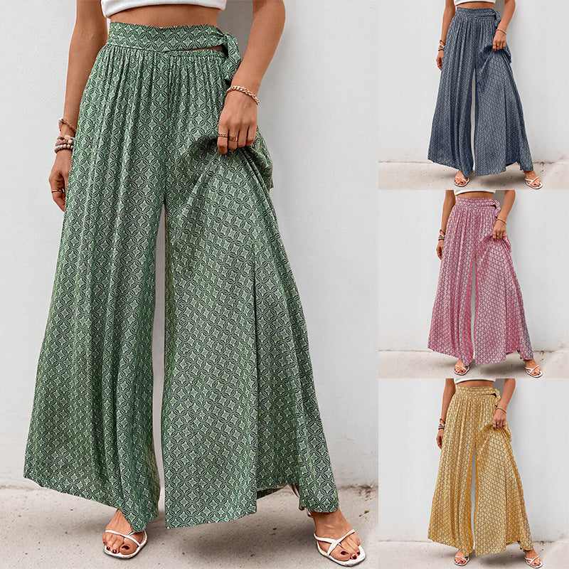 Geometric Print Flared Pants with Tie-Waist and Slit