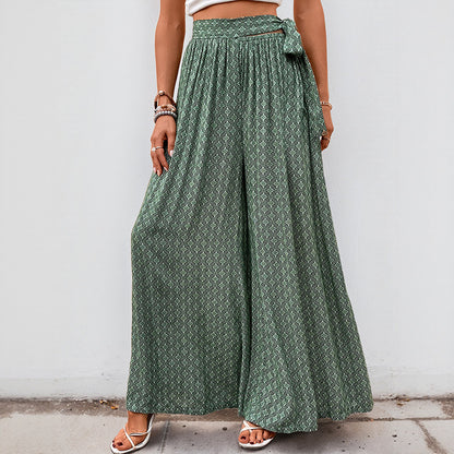 Geometric Print Flared Pants with Tie-Waist and Slit