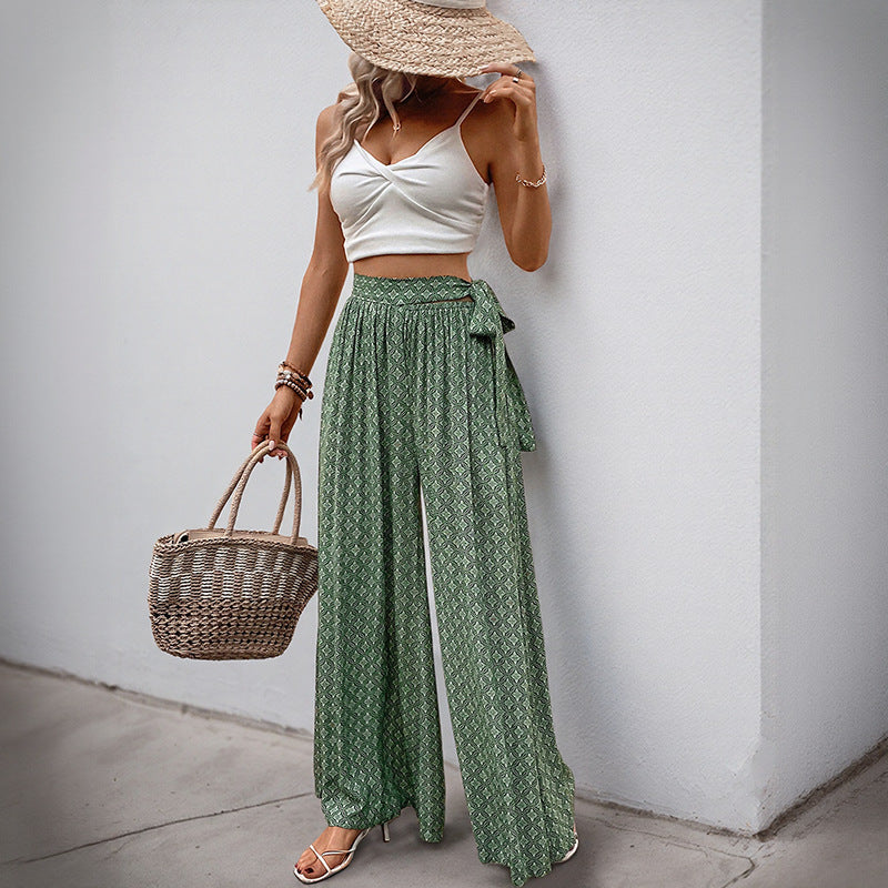 Geometric Print Flared Pants with Tie-Waist and Slit