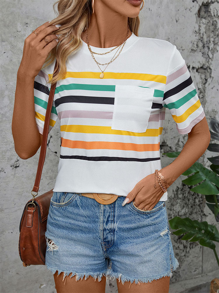 Colorful Striped Short-Sleeve T-Shirt with Pocket