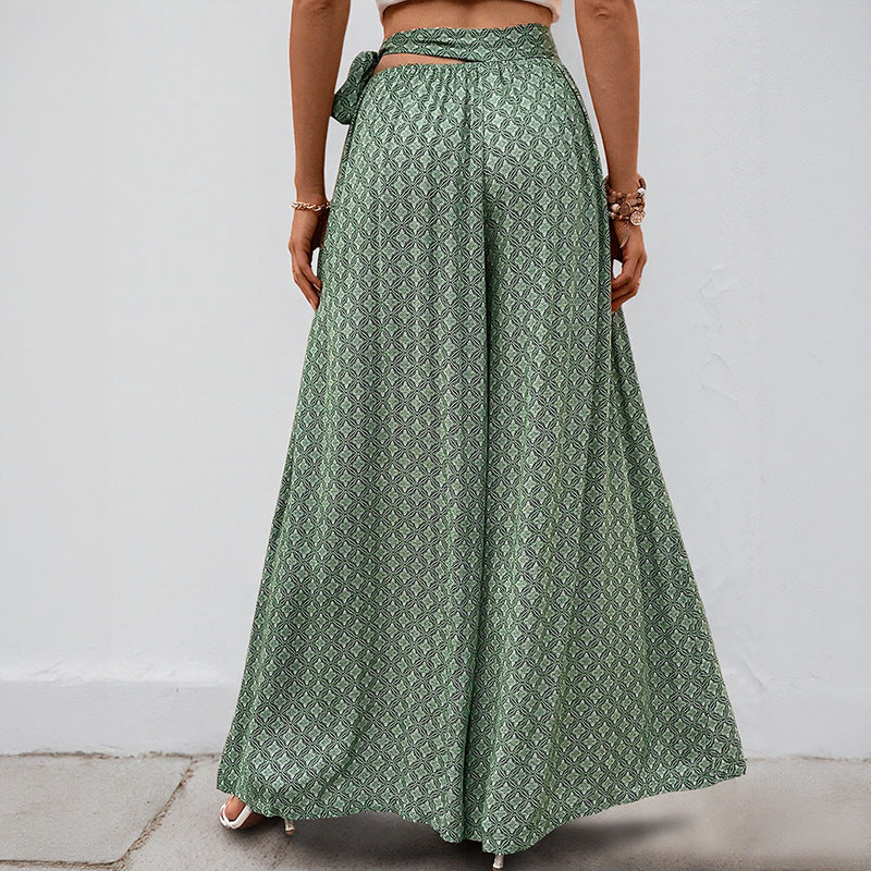 Geometric Print Flared Pants with Tie-Waist and Slit