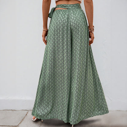 Geometric Print Flared Pants with Tie-Waist and Slit