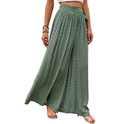 Geometric Print Flared Pants with Tie-Waist and Slit