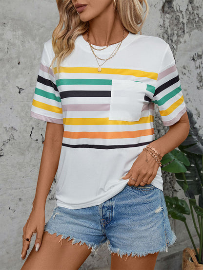 Colorful Striped Short-Sleeve T-Shirt with Pocket