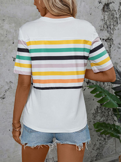 Colorful Striped Short-Sleeve T-Shirt with Pocket