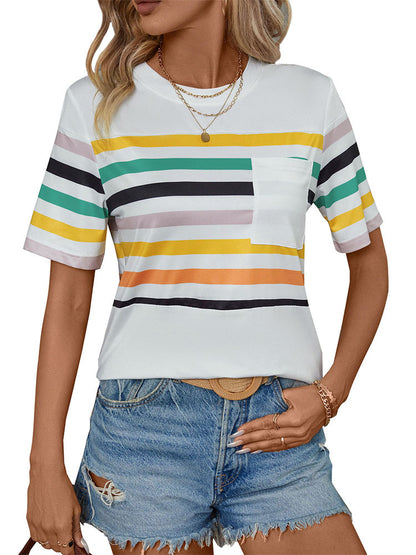 Colorful Striped Short-Sleeve T-Shirt with Pocket