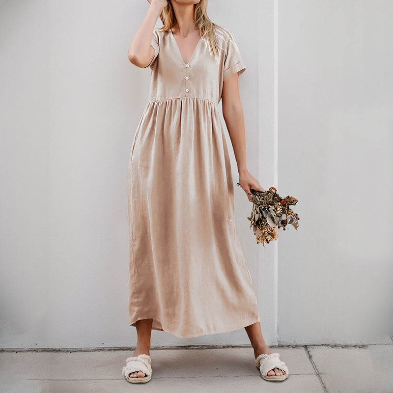 Cotton Linen A-Line Midi Dress with V-Neck and Gathered Waist