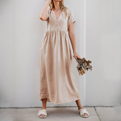 Cotton Linen A-Line Midi Dress with V-Neck and Gathered Waist