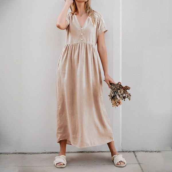Cotton Linen A-Line Midi Dress with V-Neck and Gathered Waist