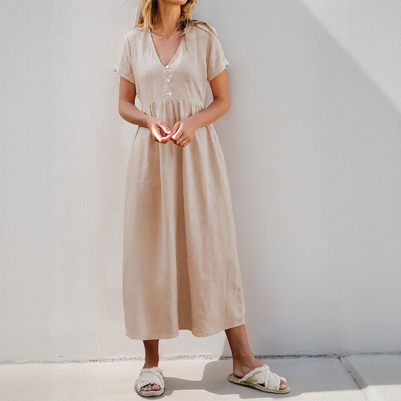 Cotton Linen A-Line Midi Dress with V-Neck and Gathered Waist