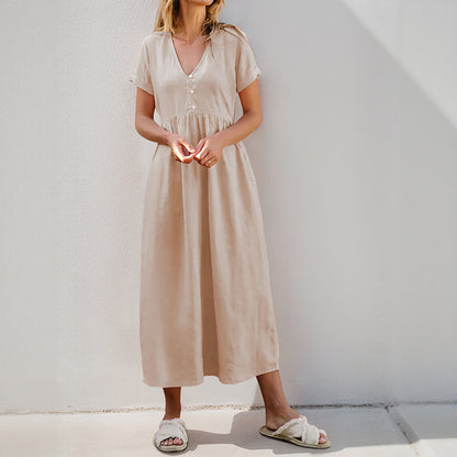 Cotton Linen A-Line Midi Dress with V-Neck and Gathered Waist