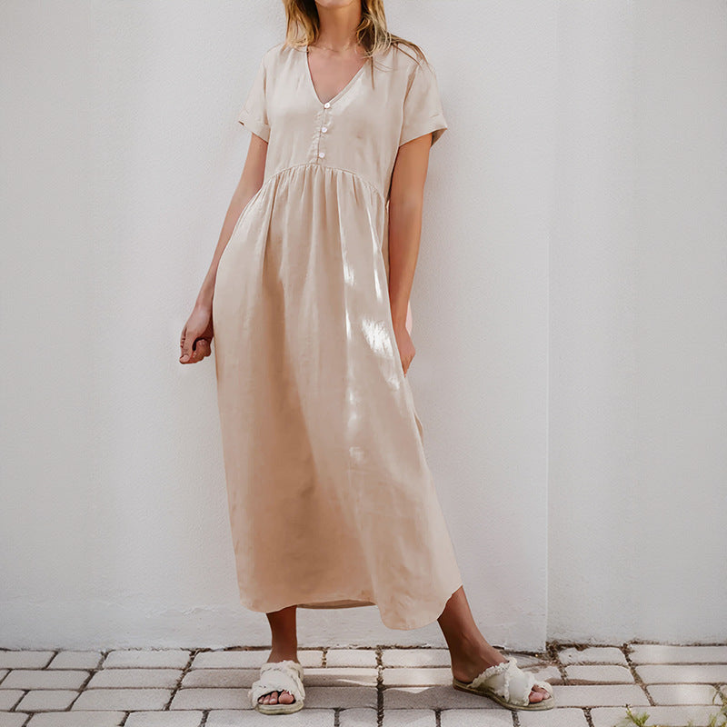 Cotton Linen A-Line Midi Dress with V-Neck and Gathered Waist