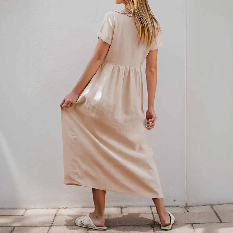 Cotton Linen A-Line Midi Dress with V-Neck and Gathered Waist