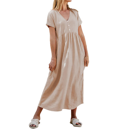 Cotton Linen A-Line Midi Dress with V-Neck and Gathered Waist