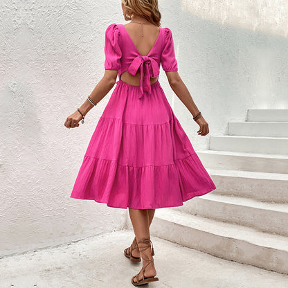 Solid Midi Dress with Smocked Square Neck and Tiered Skirt